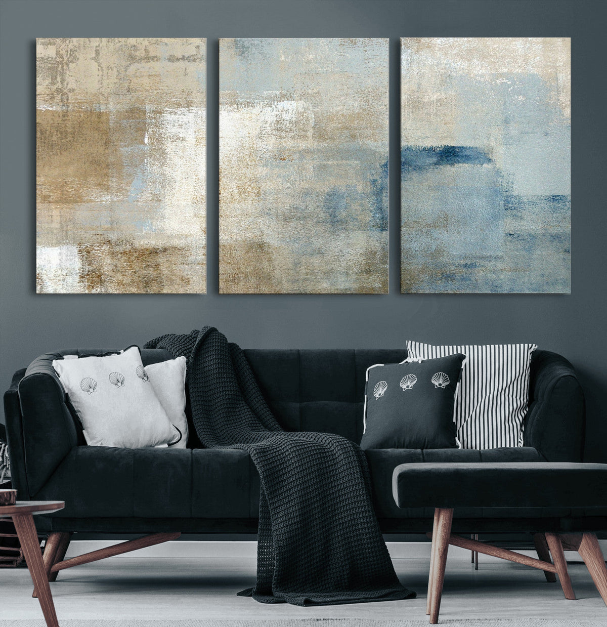 Abstract Blue and Beige Wall Art, Modern Minimalist Canvas