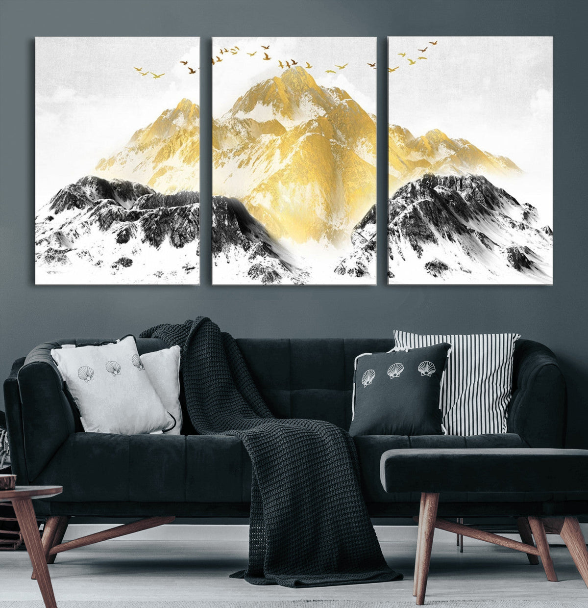 Golden Mountain Triptych Wall Art Canvas Print, Modern