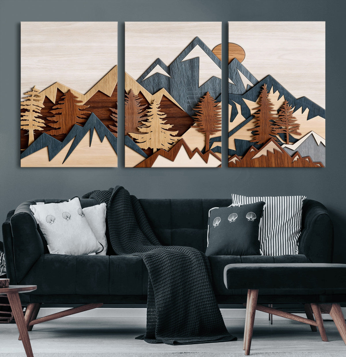 Rustic Abstract Wood Panel Effect Canvas Mountain Range Top