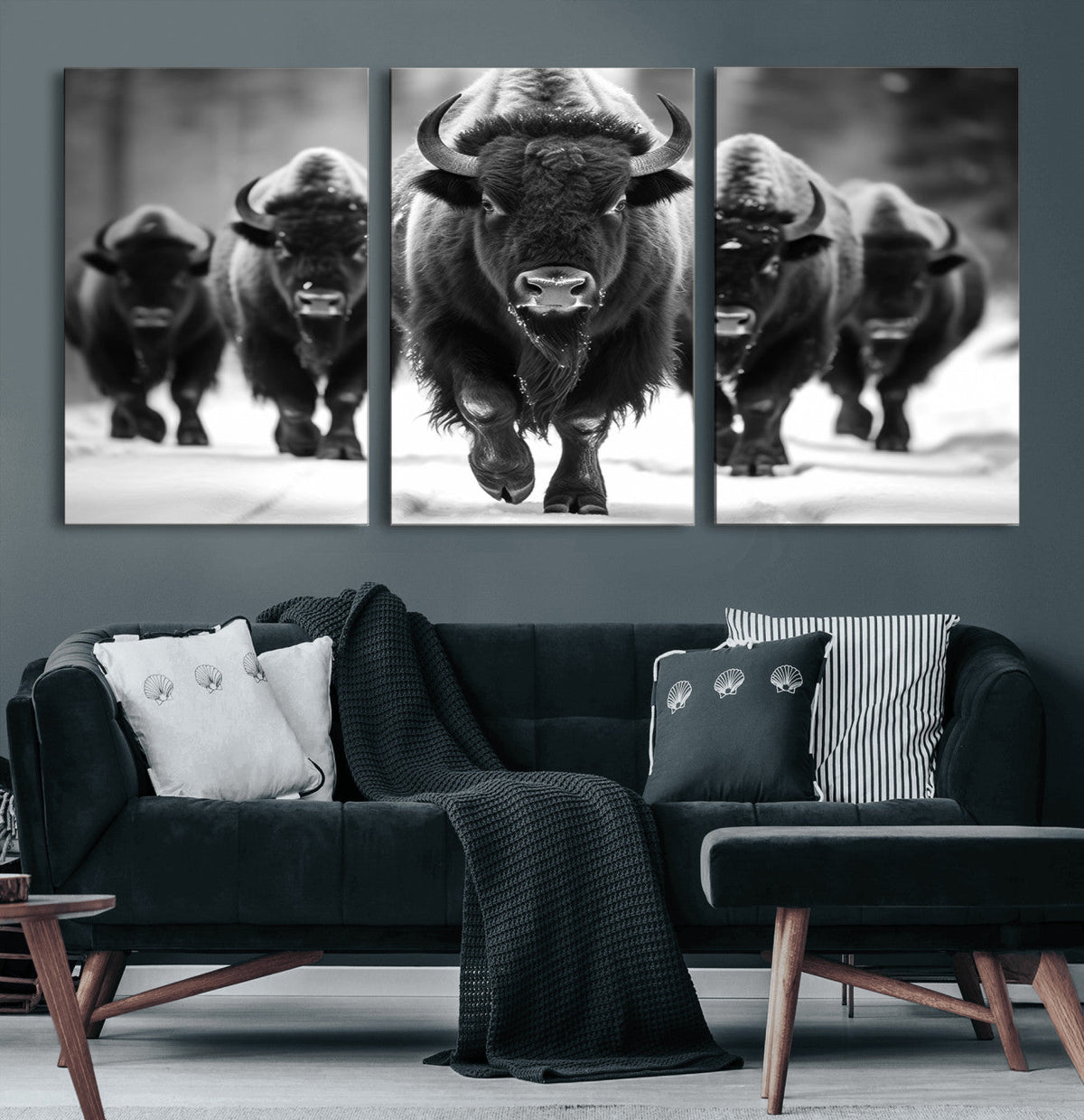 American Bison Art | Buffalo Herd Wall Art Canvas Print, BW