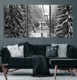 Winter Ski Lift Black and White Canvas Wall Art – Alpine