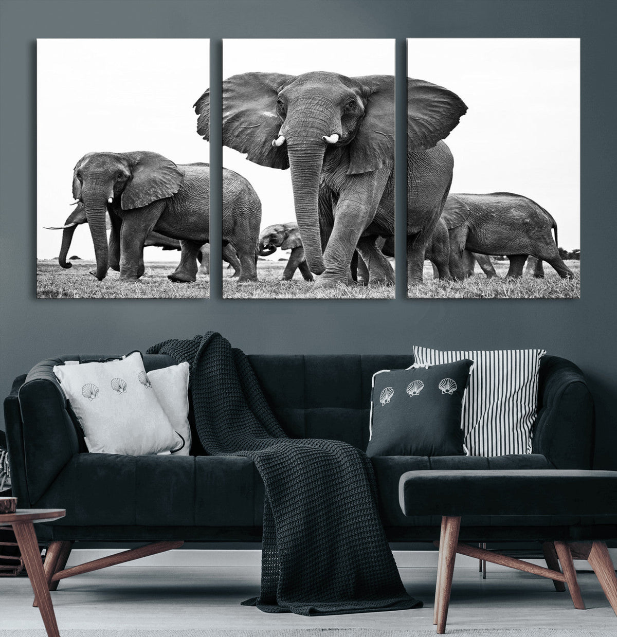 Black White Elephant Family Wall Art Canvas Print