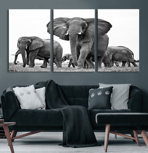 Black White Elephant Family Wall Art Canvas Print