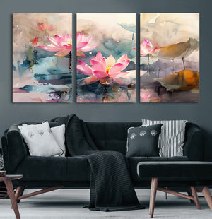 Lotus Flower Wall Art | 3-Panel Giclee Canvas Print of Pink