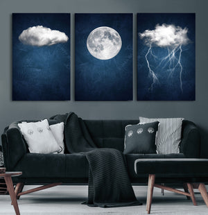 Dark Blue Cloud Art, 3 Piece Indigo Blue Wall Art, Aesthetic