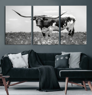 Texas Black White Highland Longhorn Cow Wall Art Canvas