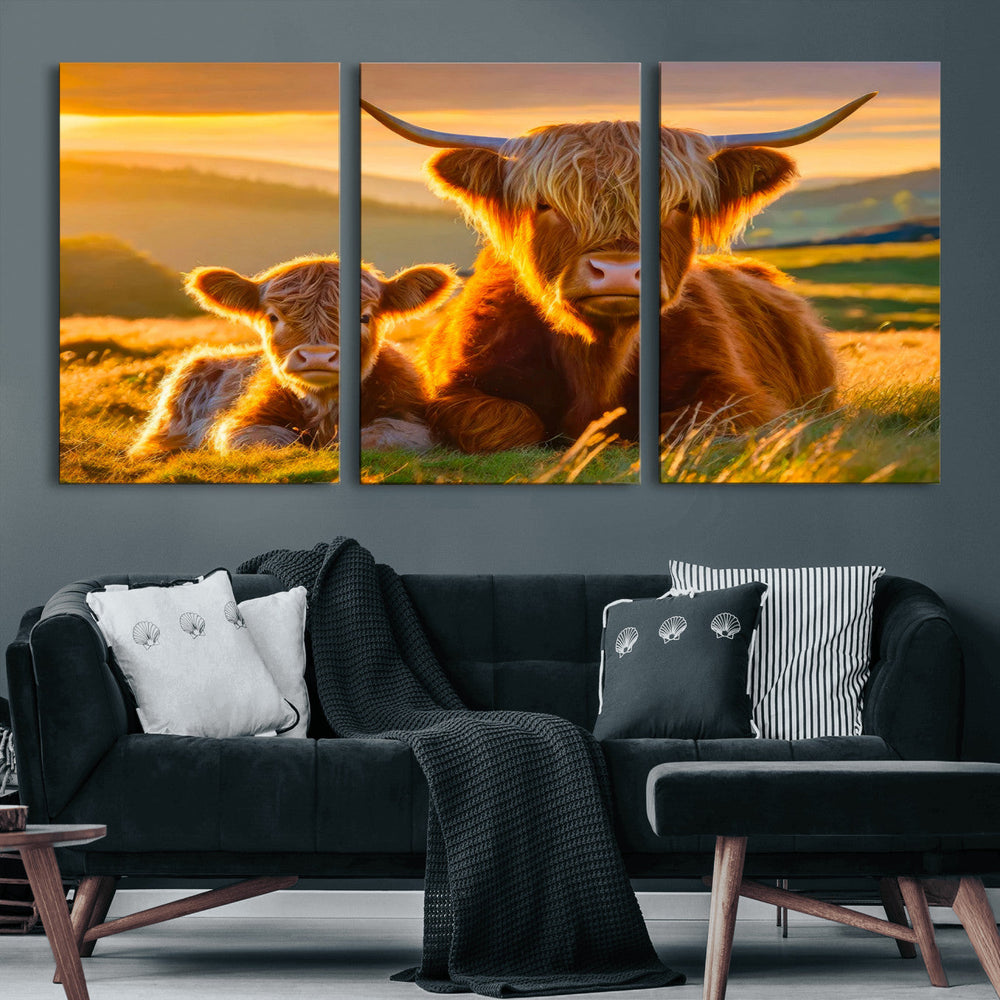 Scottish Cow and Baby Cow Canvas Wall Art Animal Print