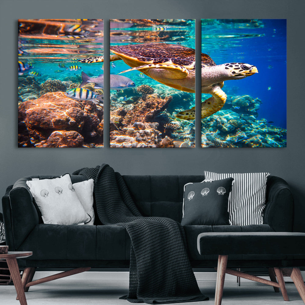 Sea Turtle Wall Art Canvas Print – Vibrant Ocean Coral Reef