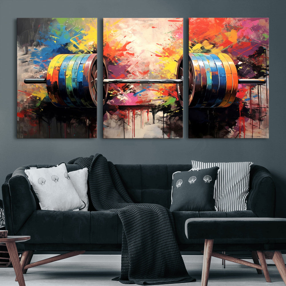 Weightlifting Barbell Art Triptych, Bold Abstract Fitness