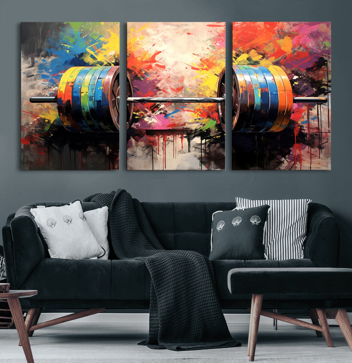 Weightlifting Barbell Art Triptych, Bold Abstract Fitness