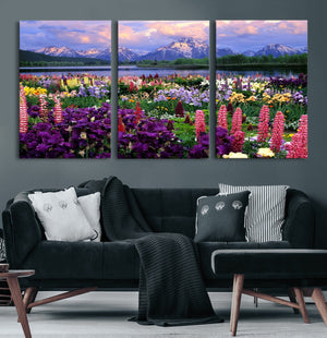 Vibrant Wildflower Garden and Mountain View Giclee Canvas