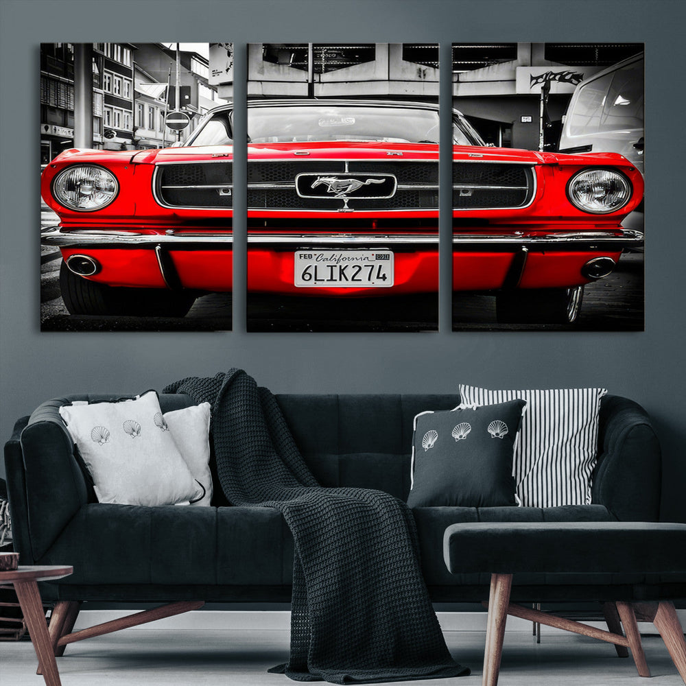 Red Mustang Car Wall Art – Framed Classic Vehicle Canvas
