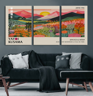 Yayoi Kusama Landscape Canvas Print, Vibrant Floral Mountain Art Print, Framed Botanical Wall Art -
