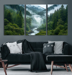 Mountain Forest River Canvas Wall Art Print - Serene Nature