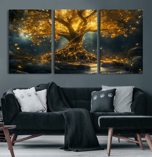 Golden Tree of Life Canvas Wall Art Print - Majestic Glowing
