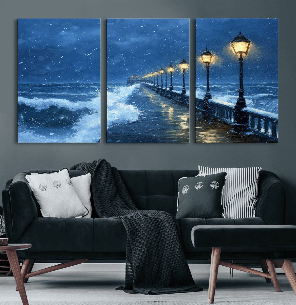 Stormy Ocean Pier Lights Canvas Wall Art Print - Large Moody