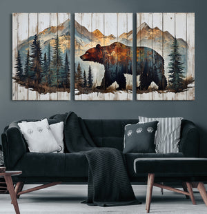 Rustic Grizzly 399 Bear and Mountain Wood Canvas Wall Art -