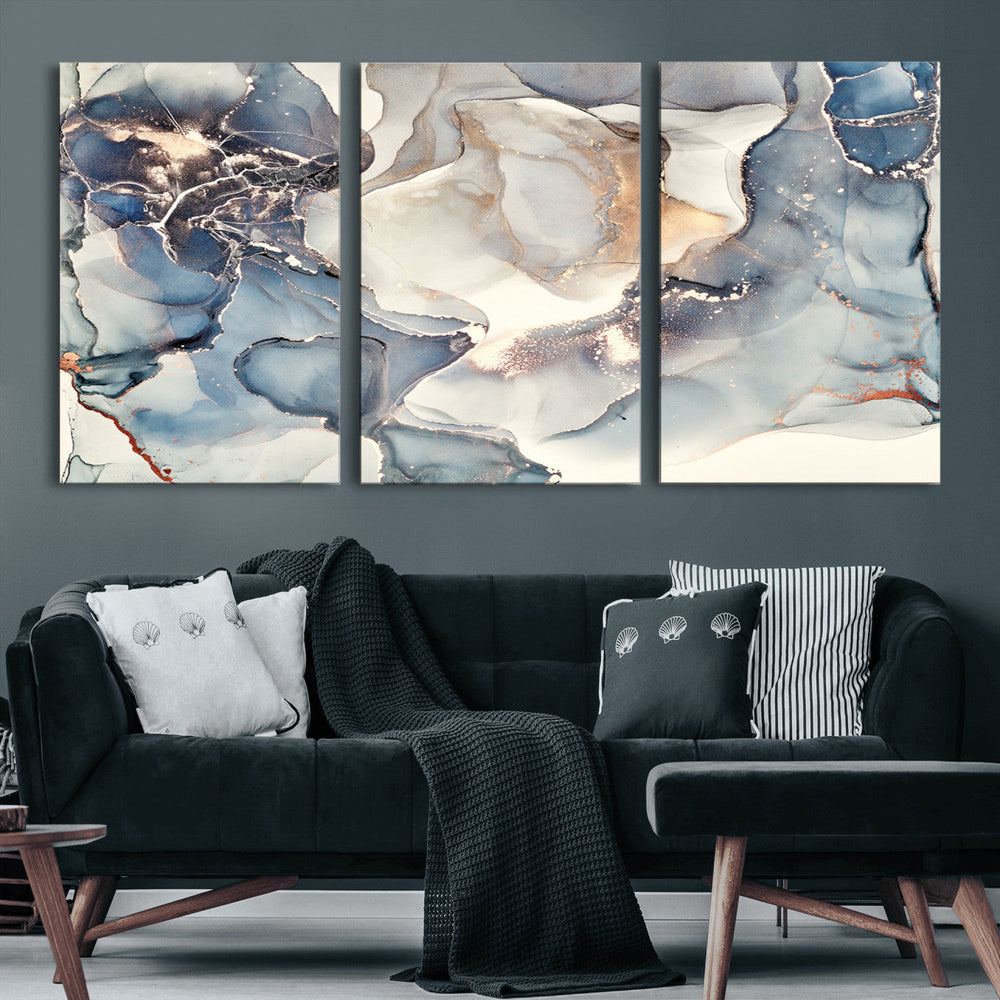 Abstract Blue and Gold Canvas Wall Art - Fluid Modern Ink
