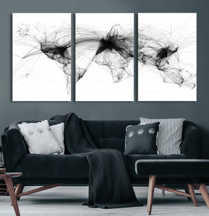 Abstract World Map Wall Art – Framed Geometric Line Canvas