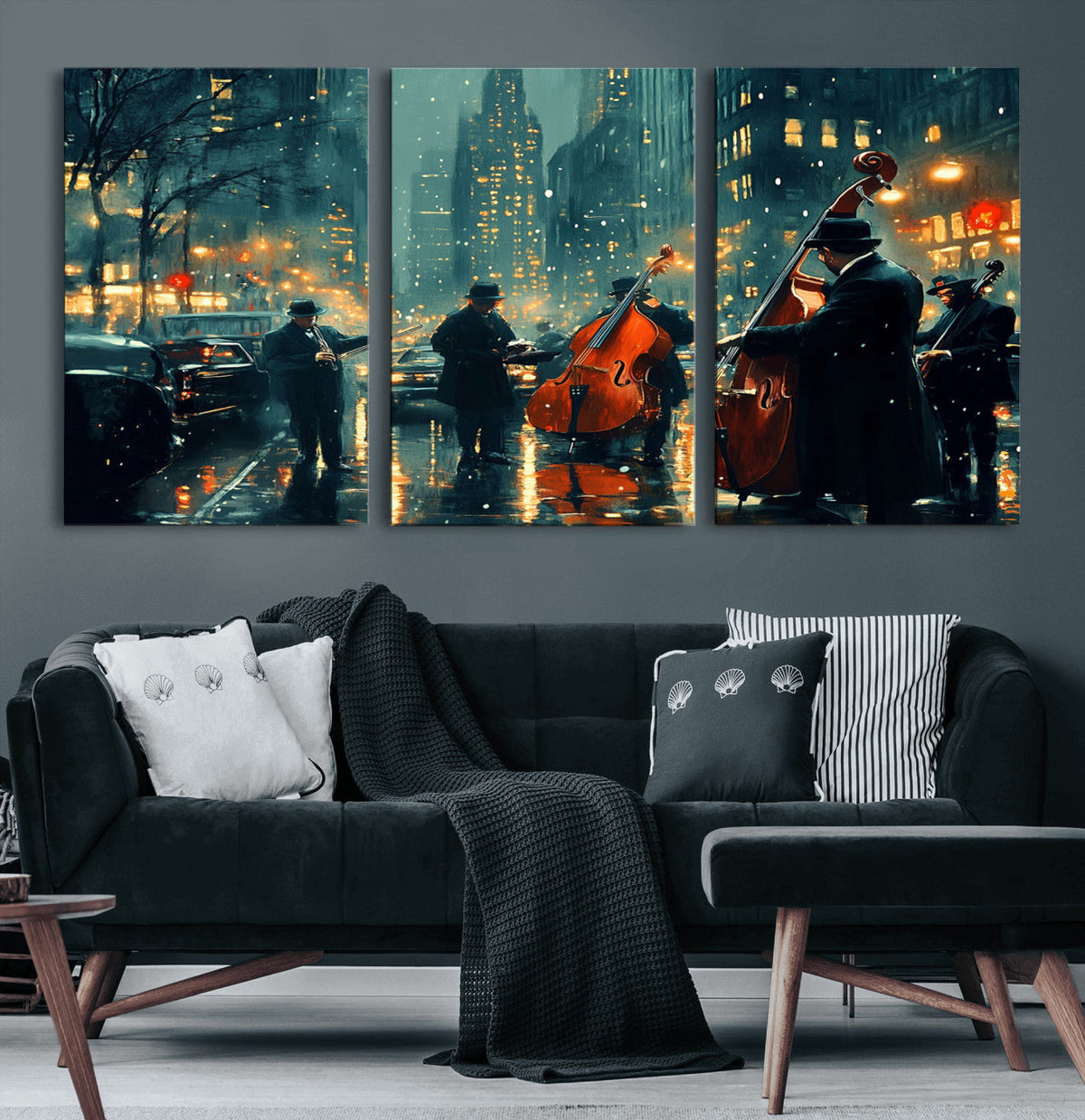 Urban Night Jazz Wall Art Canvas Print – Moody Rain-Soaked
