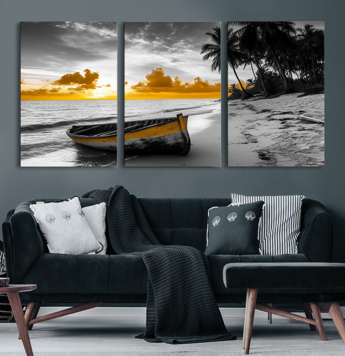 Yellow Rowboat Wall Art – Framed Tropical Shoreline Canvas