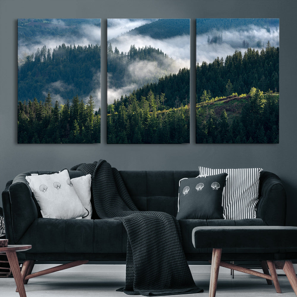 Misty Forest Wall Art Canvas Print – Pine Hills Foggy Trees