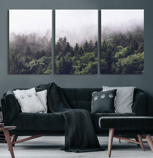Misty Forest Wall Art Canvas Print, Serene Foggy Pines and