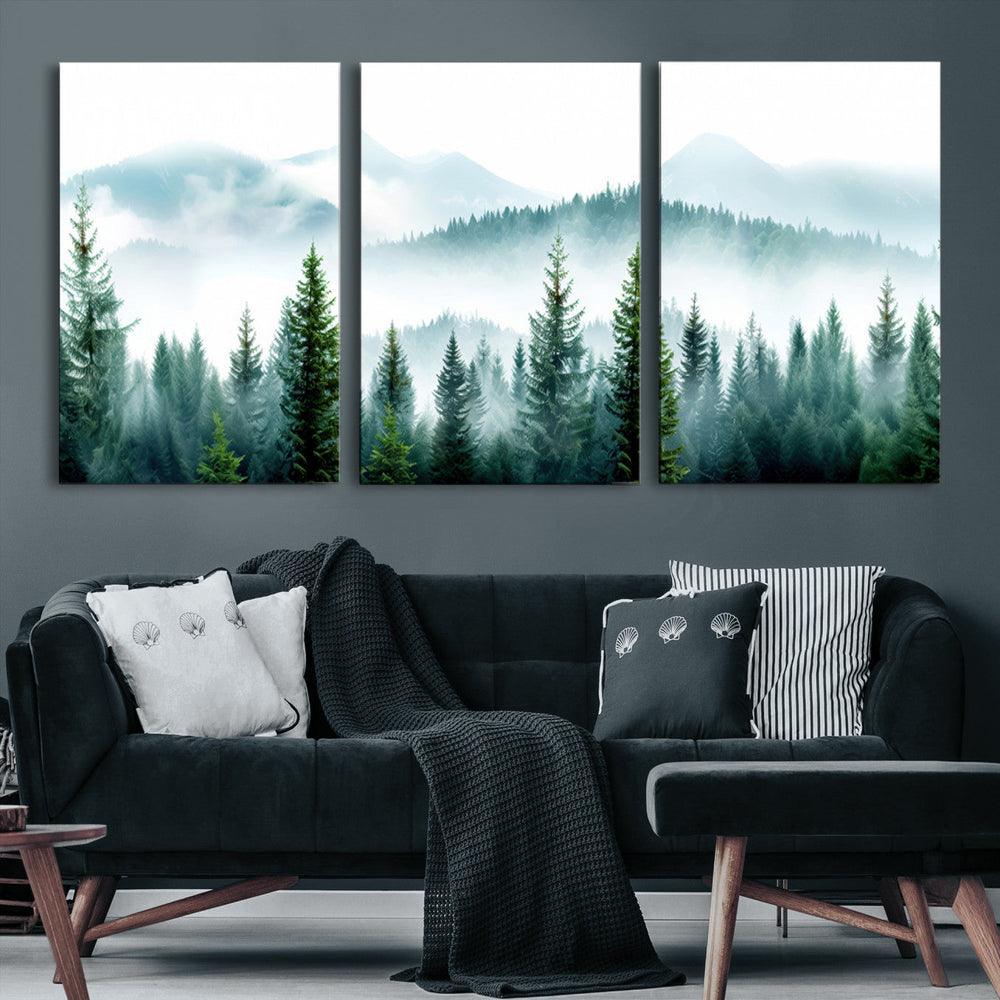 Pine Forest Wall Art Canvas Print – Misty Mountains Foggy