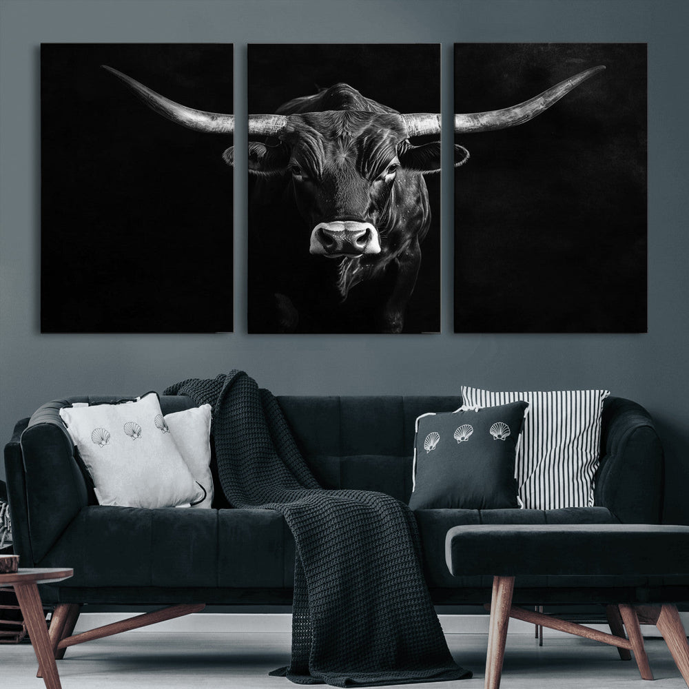 Texas Longhorn Wall Art Canvas Print – Framed Monochrome