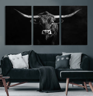 Texas Longhorn Wall Art Canvas Print – Framed Monochrome
