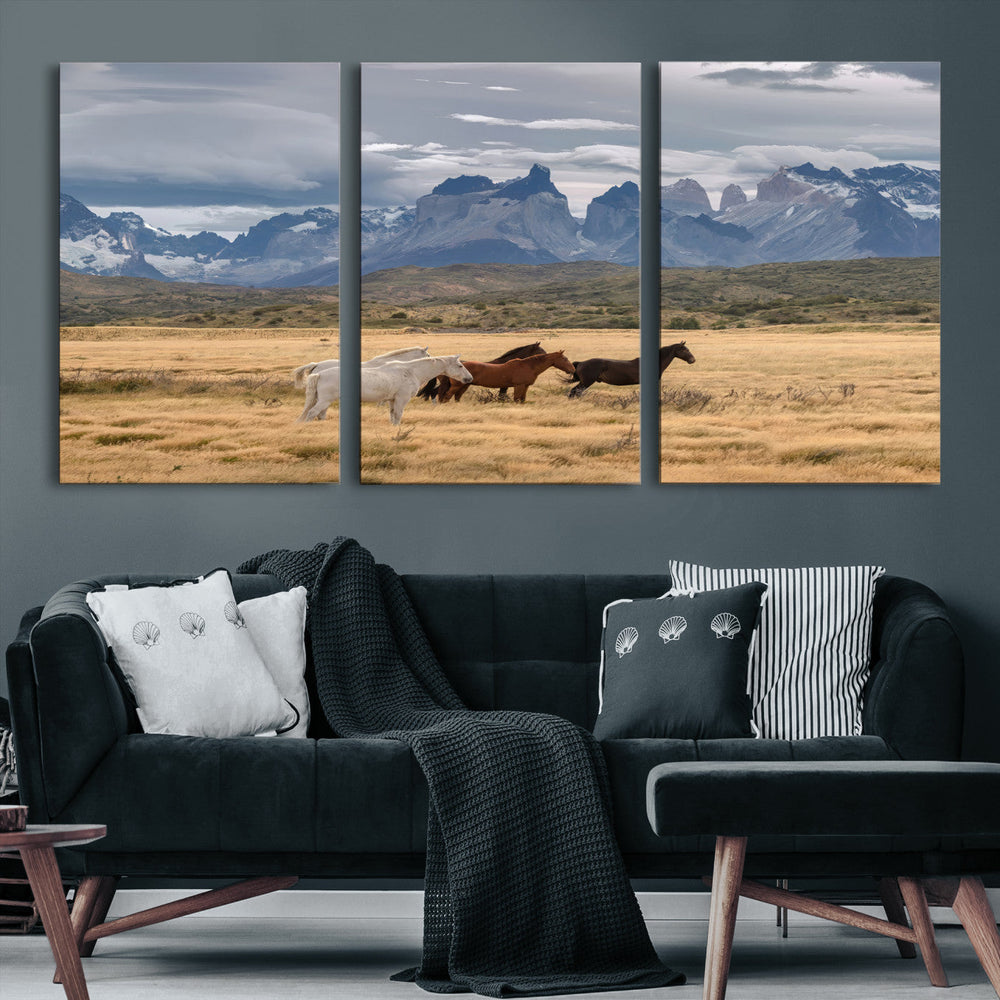 Grand Teton Park Wild Horses Wall Art Canvas Print – Framed