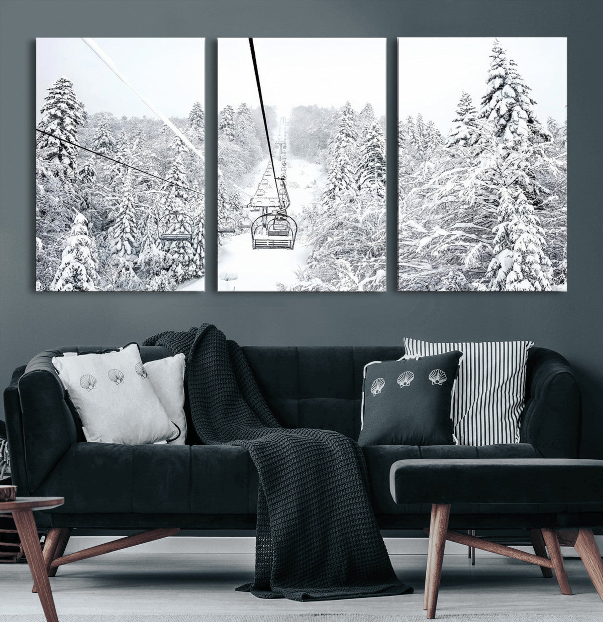 Snowy Ski Lift Wall Art – Framed Winter Mountain Canvas