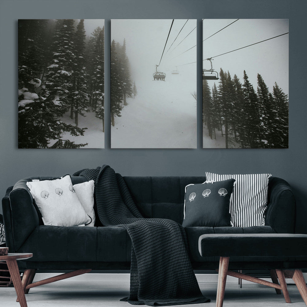 Ski Lift Wall Art Canvas Print – Snowy Pines Misty Landscape