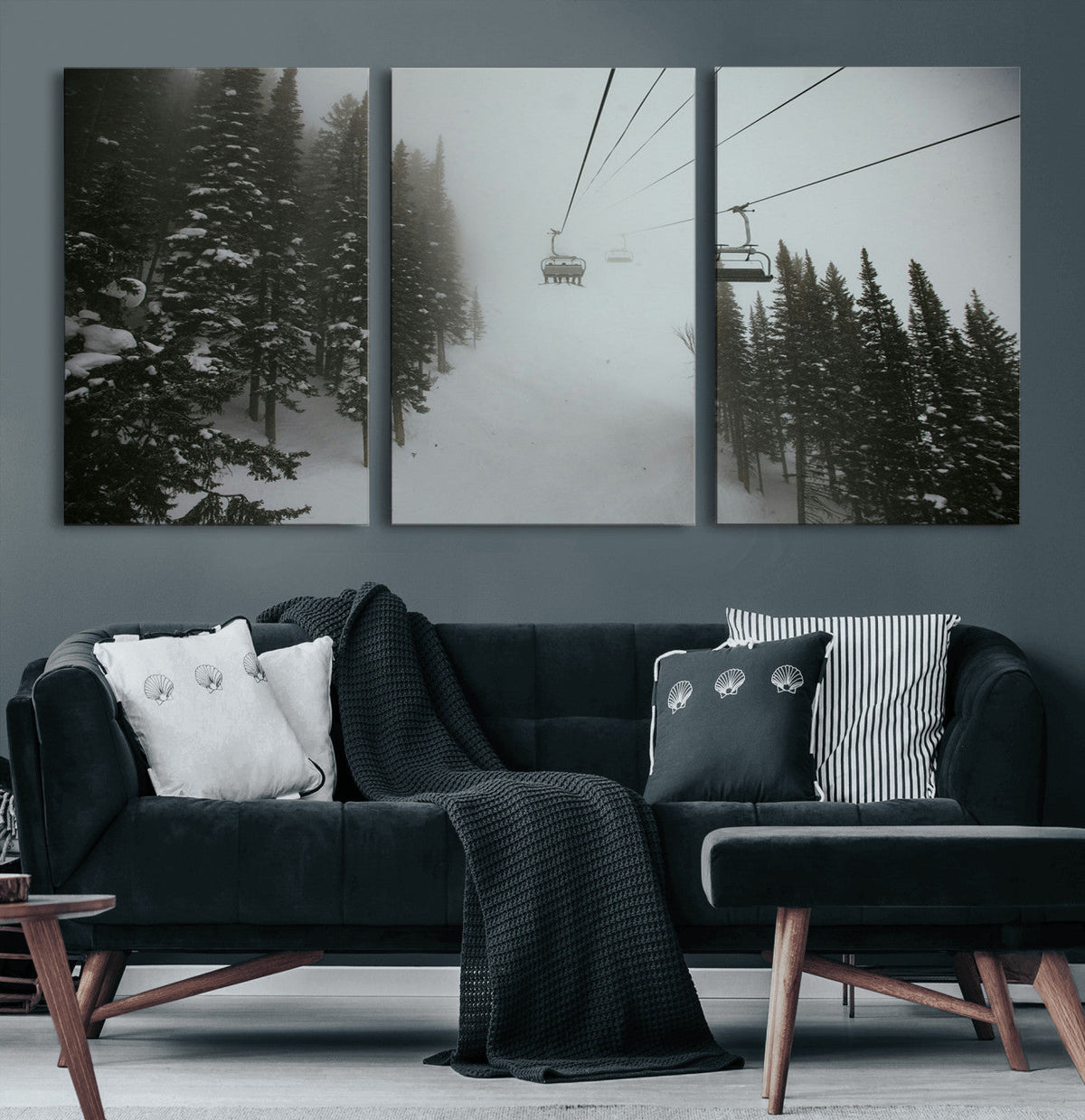 Ski Lift Wall Art Canvas Print – Snowy Pines Misty Landscape
