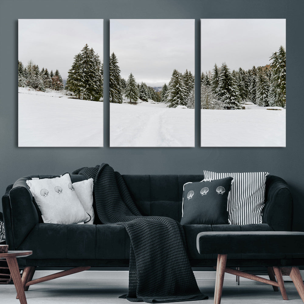 Frosty Pines Wall Art Canvas Print – Framed Silent Snowfall