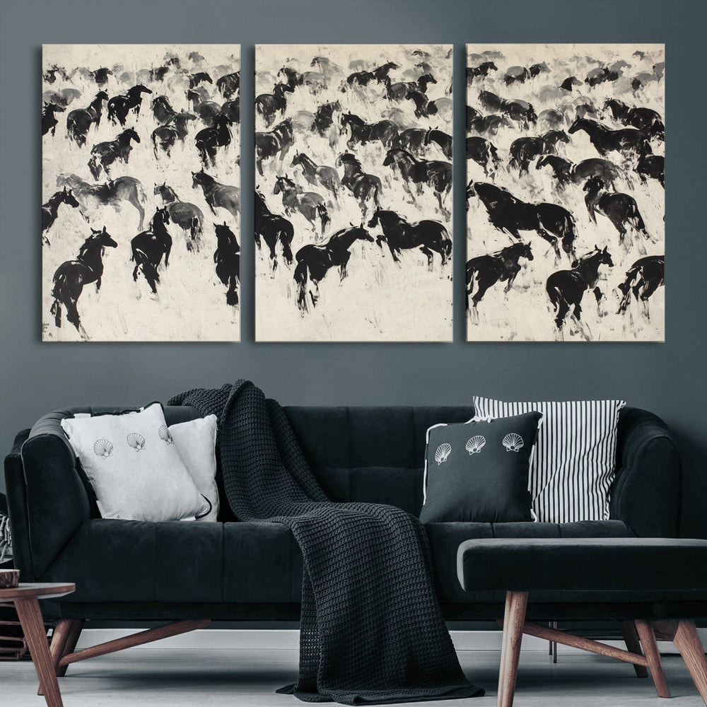 Wild Horse Stampede Wall Art Canvas Print – Monochrome