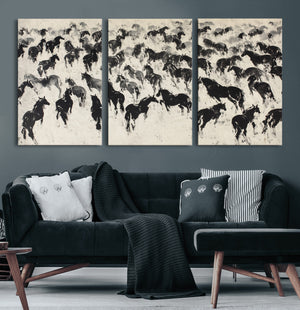 Wild Horse Stampede Wall Art Canvas Print – Monochrome