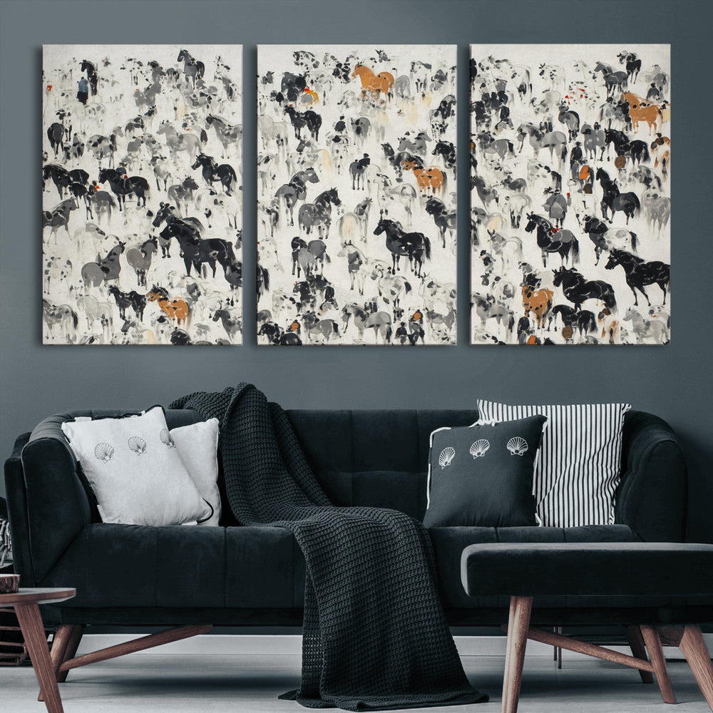 Wild Horse Stampede Wall Art Canvas Print – Monochrome