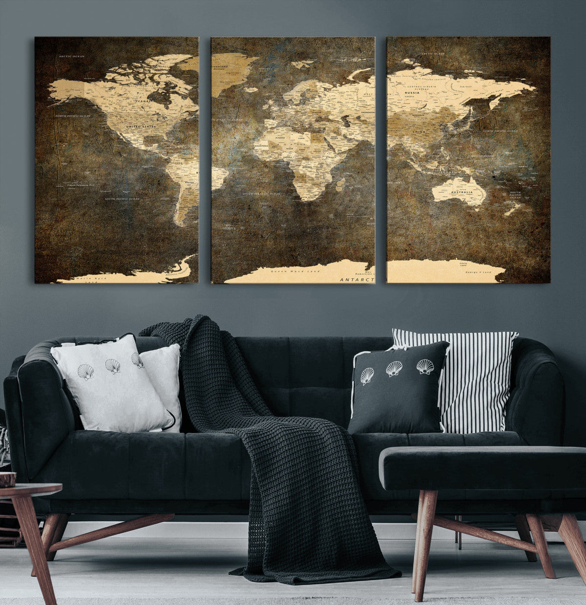Large Framed Vintage World Map Wall Art Print for Home Wall