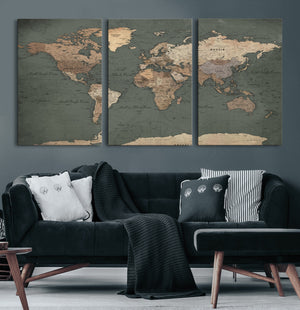 Rustic Black and Wood World Map Canvas Wall Art – Framed