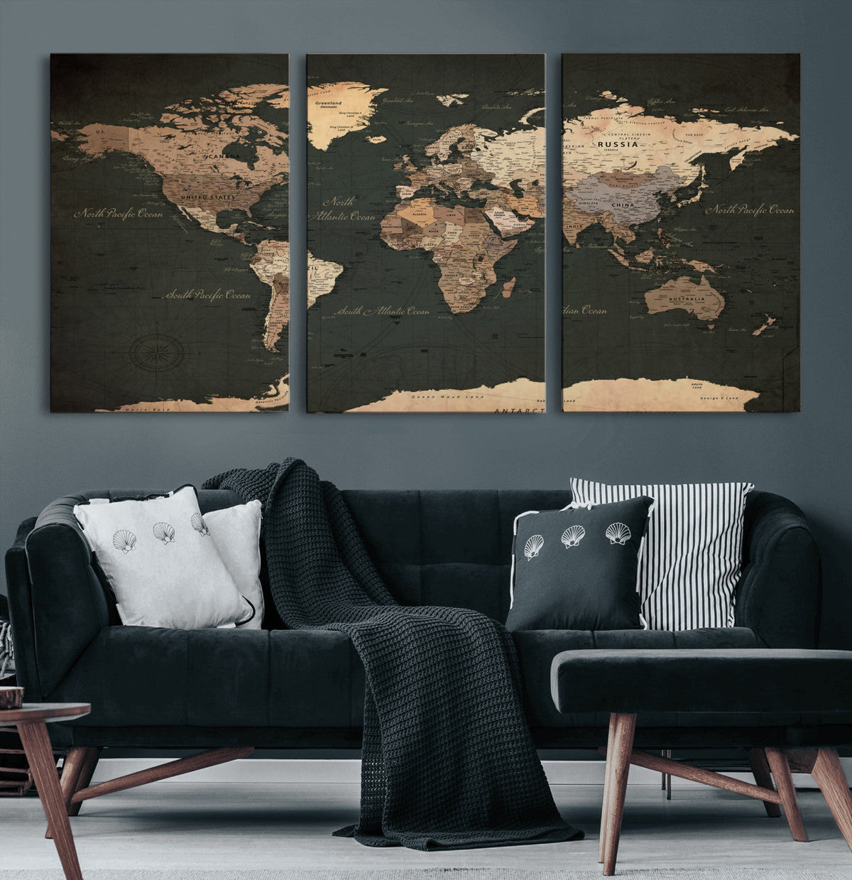 Vintage World Map Canvas Wall Art – Framed Travel Map for
