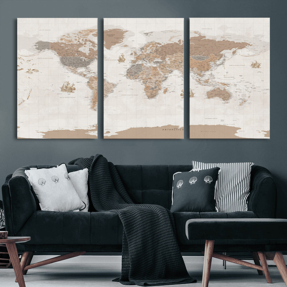 Framed Large World Map Canvas Print for Office Decor