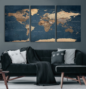 Navy Blue World Map Canvas Print – Framed Travel Map Wall