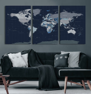Blue Detailed World Map Wall Art Canvas Print, Modern Framed
