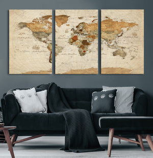 Rustic Vintage World Map Canvas Print – Framed Modern