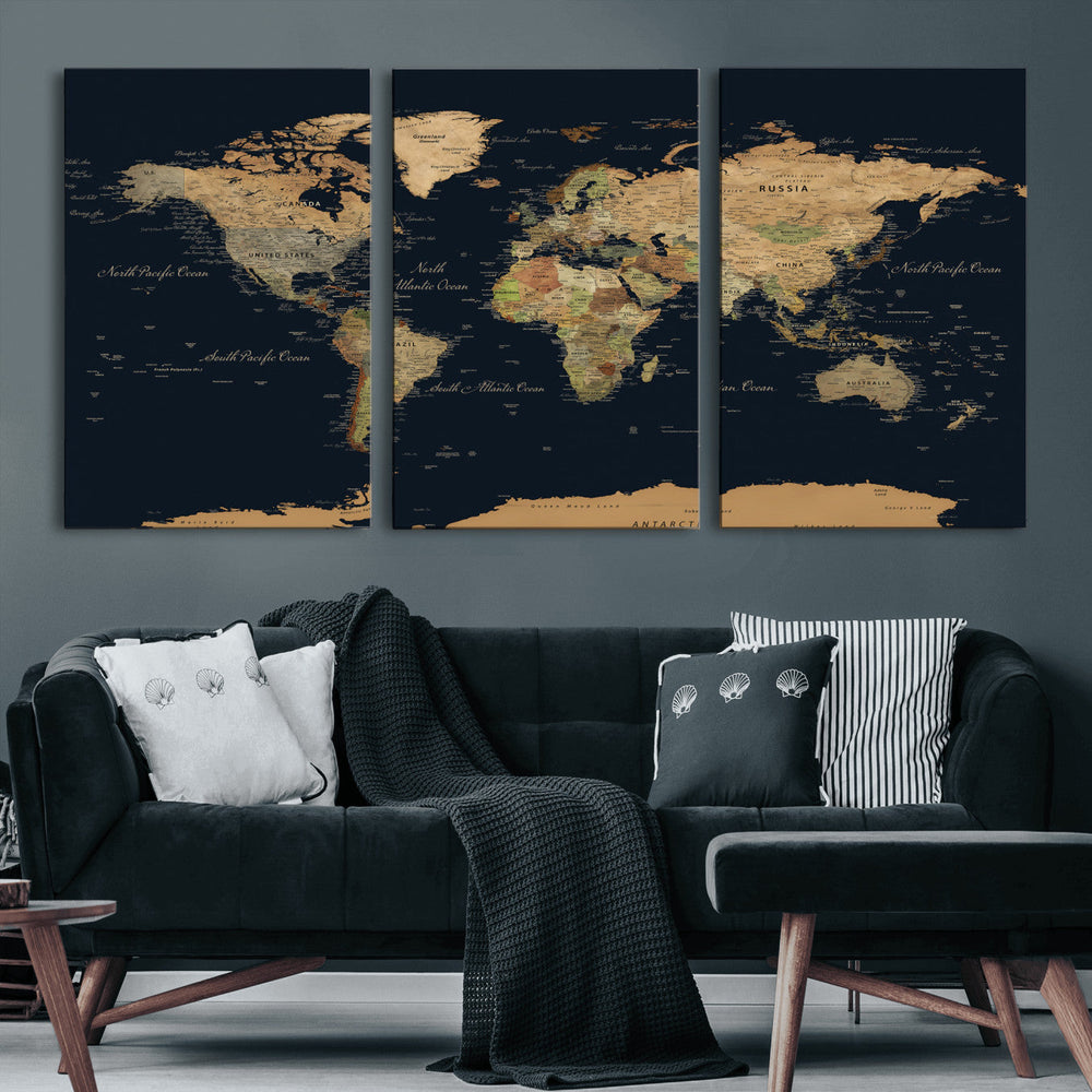 Vintage World Map Canvas on the Dark Background Wall Art