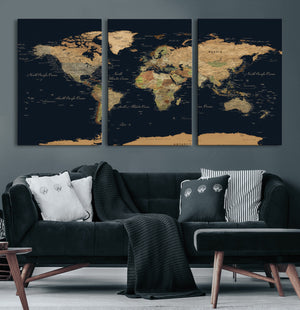 Vintage World Map Canvas on the Dark Background Wall Art