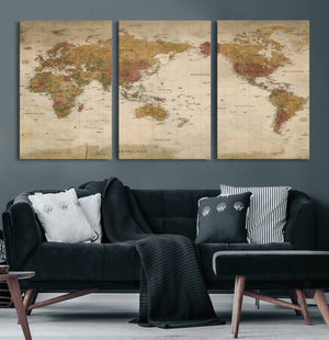 Vintage Detailed World Map Wall Art Canvas Print – Antique