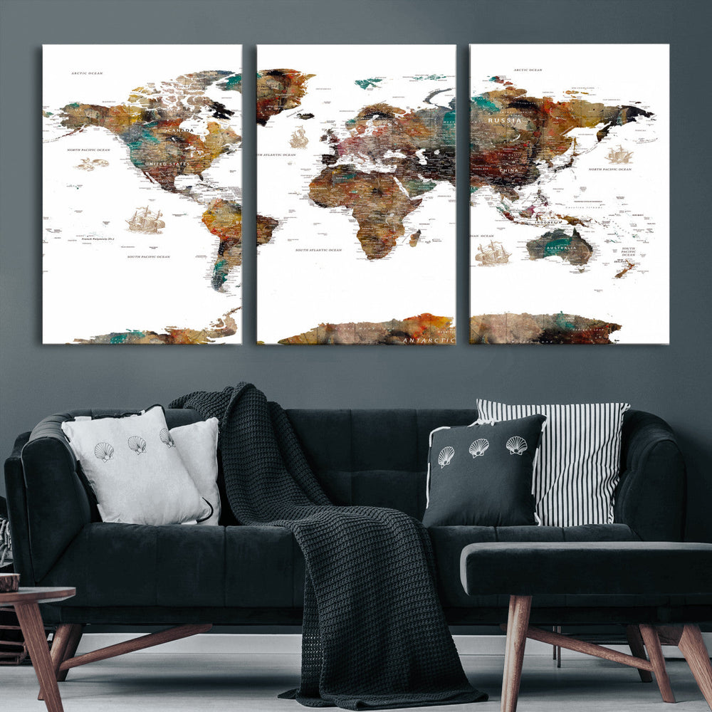 Watercolor World Map Canvas Print – Detailed Map of the