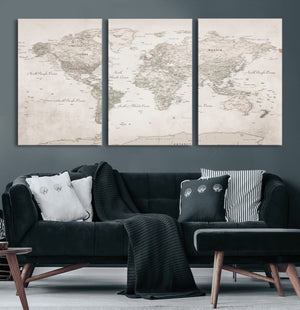 Antique Style World Map Canvas Print - Vintage Detailed